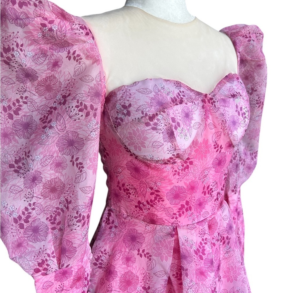 Dreamy Pink Floral Puff-Sleeve Midi Dress | Decorative Buttons | Size Small - Picture 3 of 16